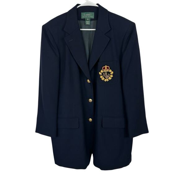 Lauren Ralph Lauren Wool Crown Gold Logo Chest Pocket Blazer Navy Blue Size 18W - Picture 1 of 16